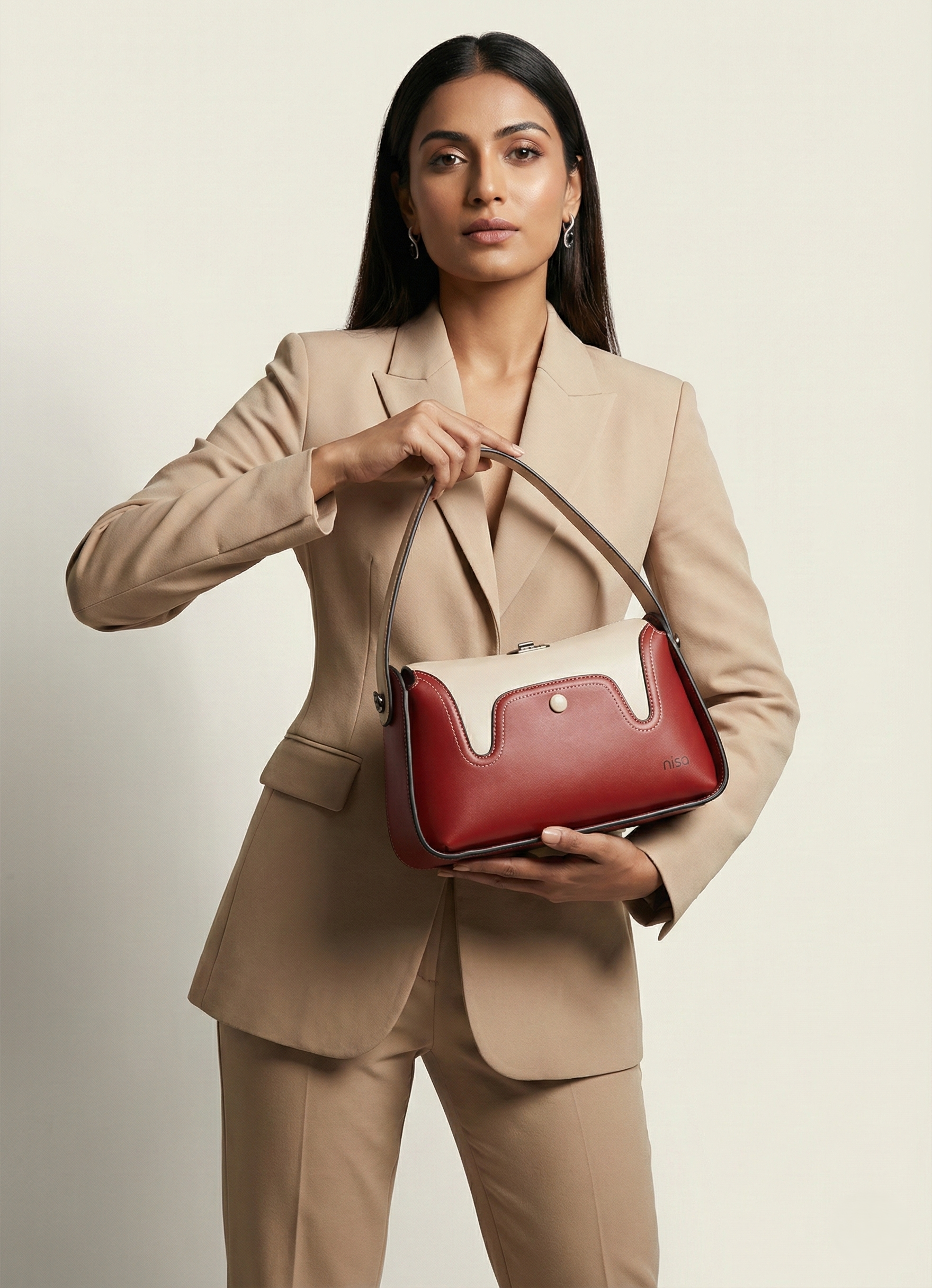 Nisa Duo-Tone Satchel Bag & Wallet Set – Cream & Terracotta