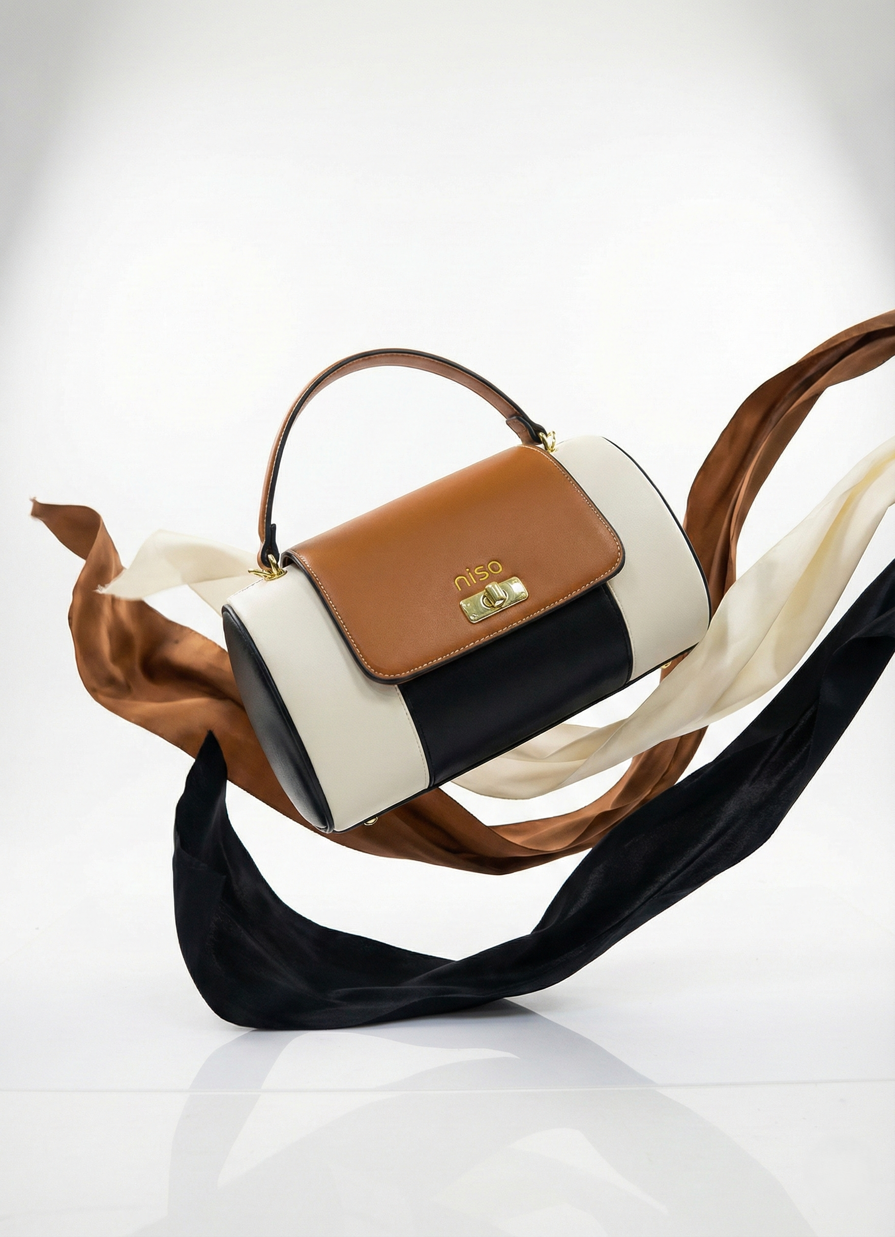 Nisa Tri-Tone Barrel Bag & Wallet Set - Cognac Brown / Cream / Black