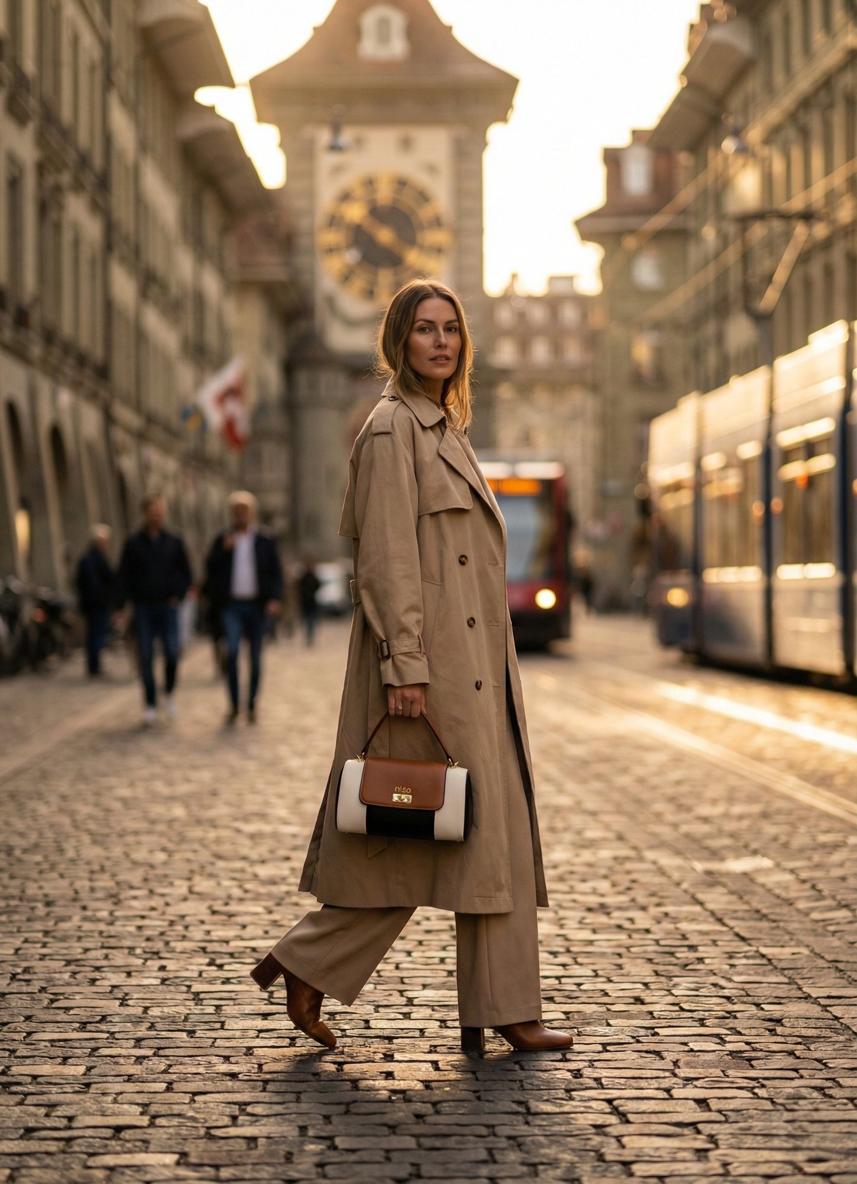 Nisa Tri-Tone Barrel Bag & Wallet Set - Cognac Brown / Cream / Black