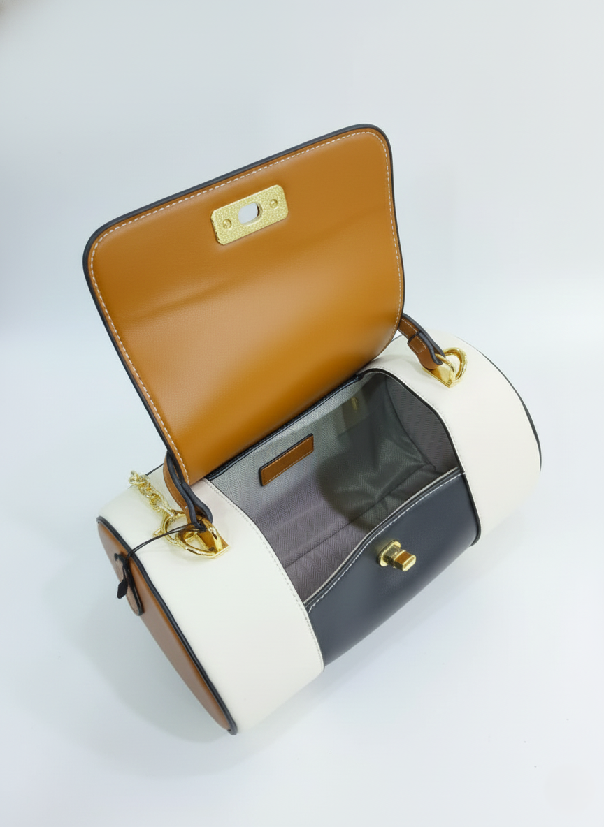 Nisa Tri-Tone Barrel Bag & Wallet Set - Cognac Brown / Cream / Black