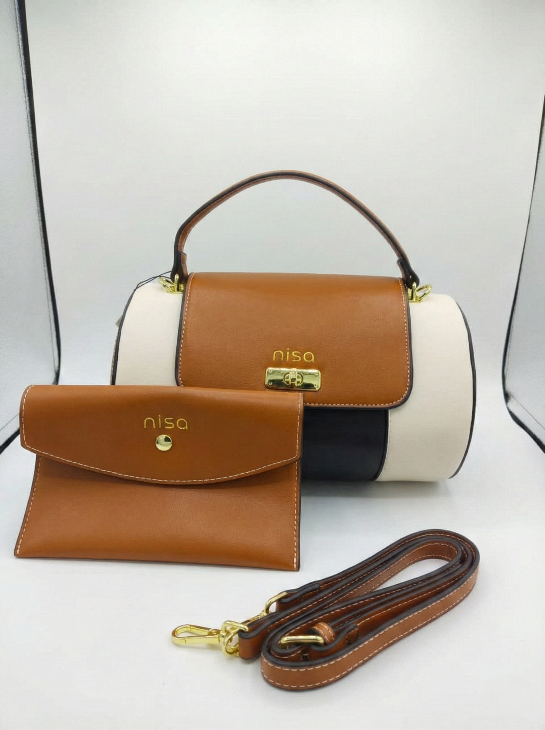 Nisa Tri-Tone Barrel Bag & Wallet Set - Cognac Brown / Cream / Black