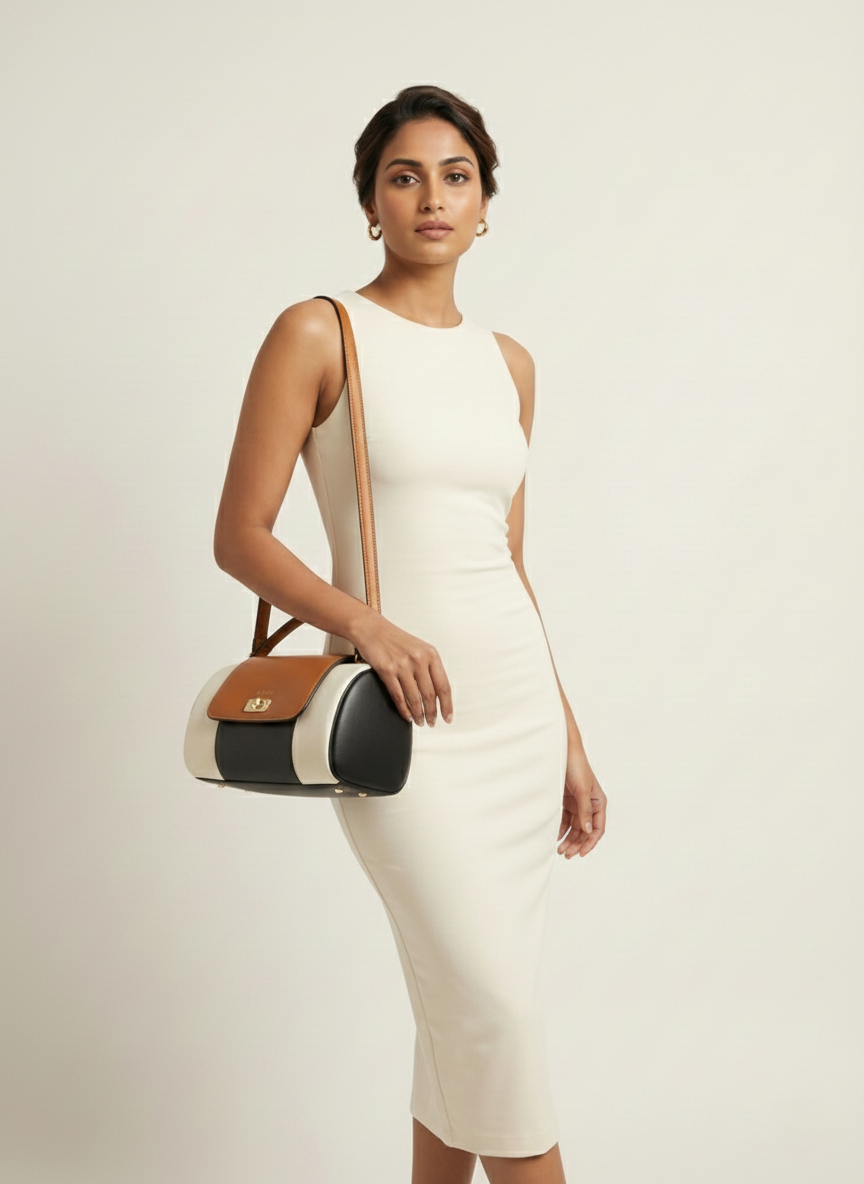 Nisa Tri-Tone Barrel Bag & Wallet Set - Cognac Brown / Cream / Black