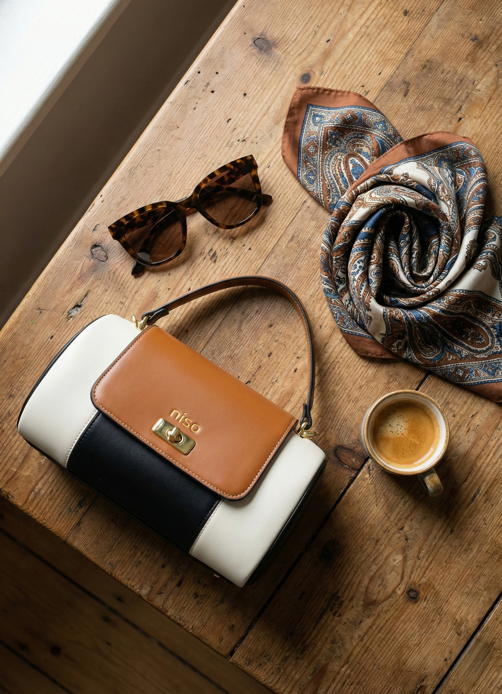 Nisa Tri-Tone Barrel Bag & Wallet Set - Cognac Brown / Cream / Black