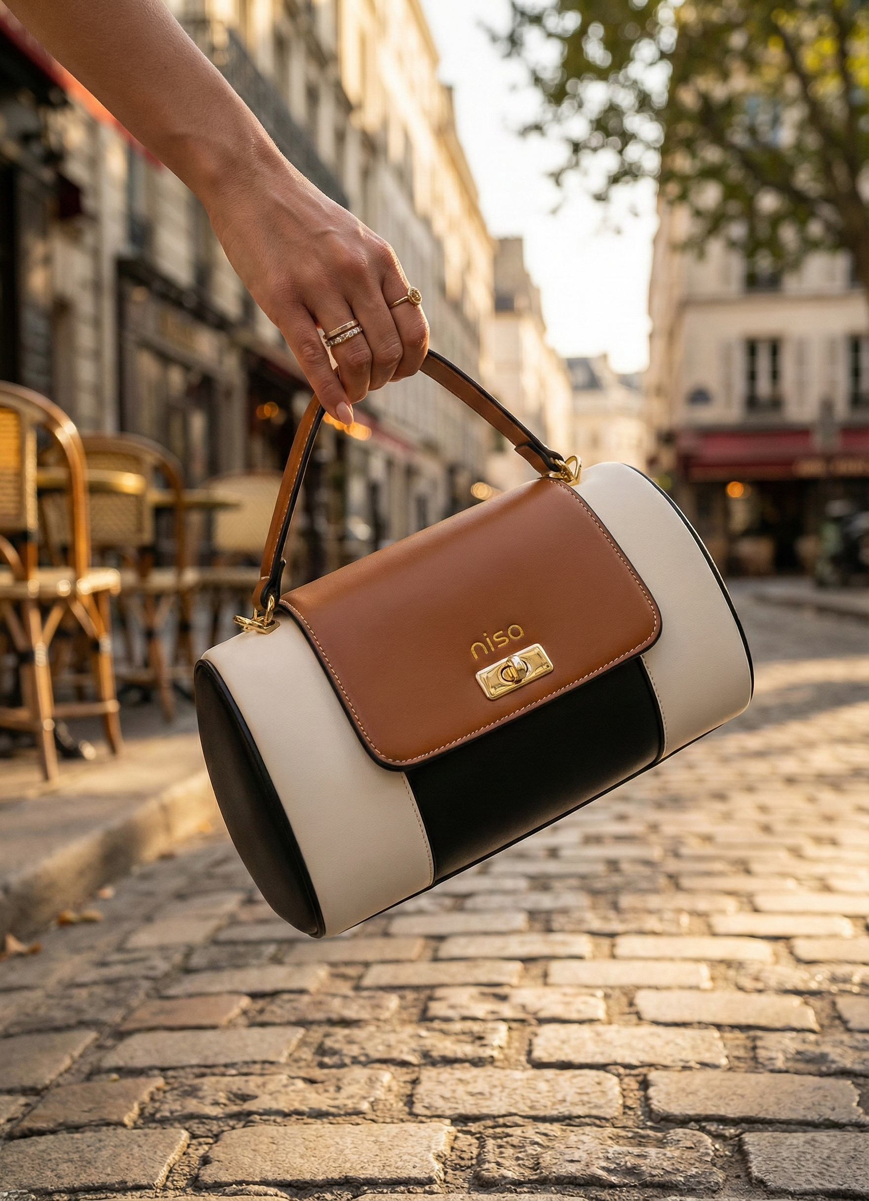 Nisa Tri-Tone Barrel Bag & Wallet Set - Cognac Brown / Cream / Black