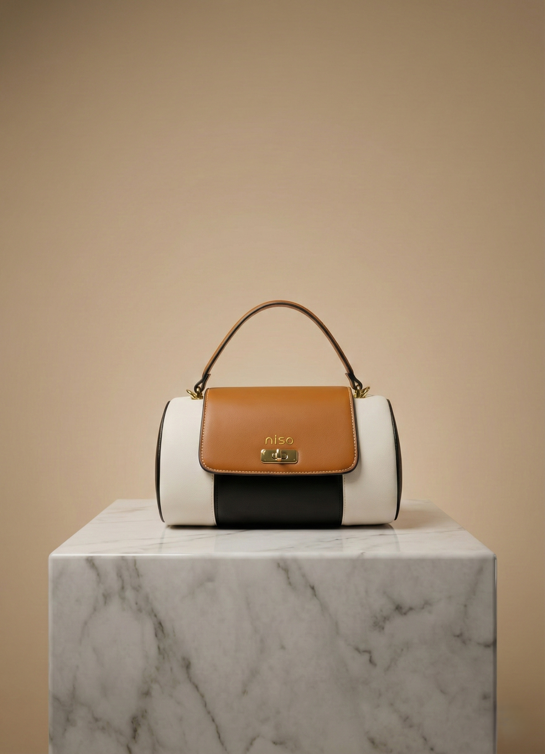 Nisa Tri-Tone Barrel Bag & Wallet Set - Cognac Brown / Cream / Black