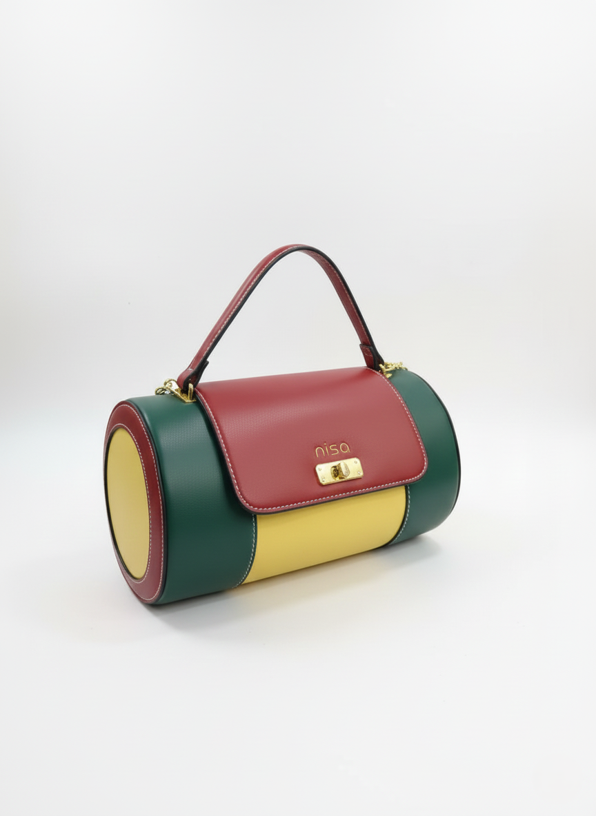 Nisa Color-Block Barrel Bag Set - Bold Red, Green, and Yellow