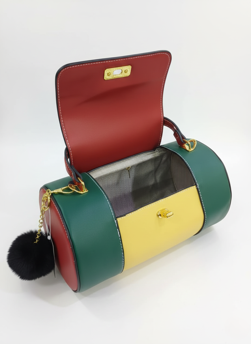 Nisa Color-Block Barrel Bag Set - Bold Red, Green, and Yellow