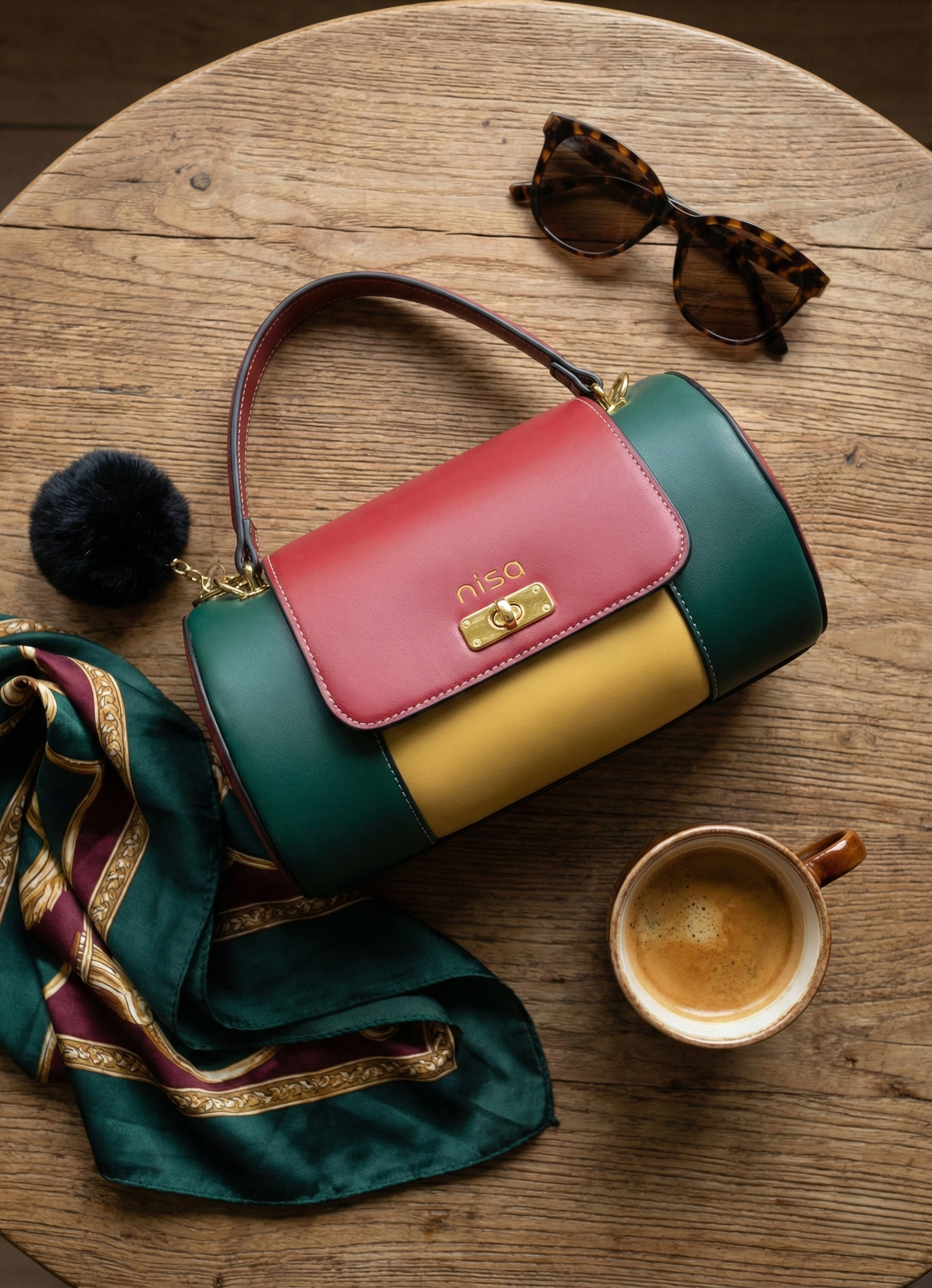 Nisa Color-Block Barrel Bag Set - Bold Red, Green, and Yellow