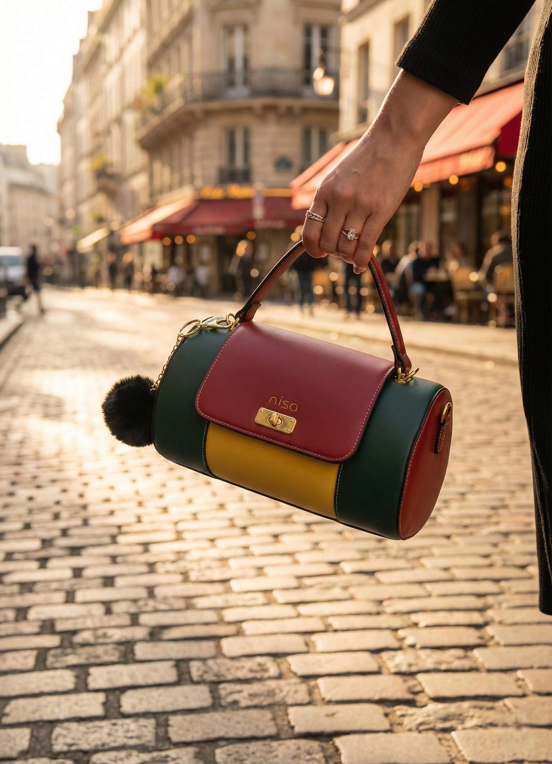 Nisa Color-Block Barrel Bag Set - Bold Red, Green, and Yellow