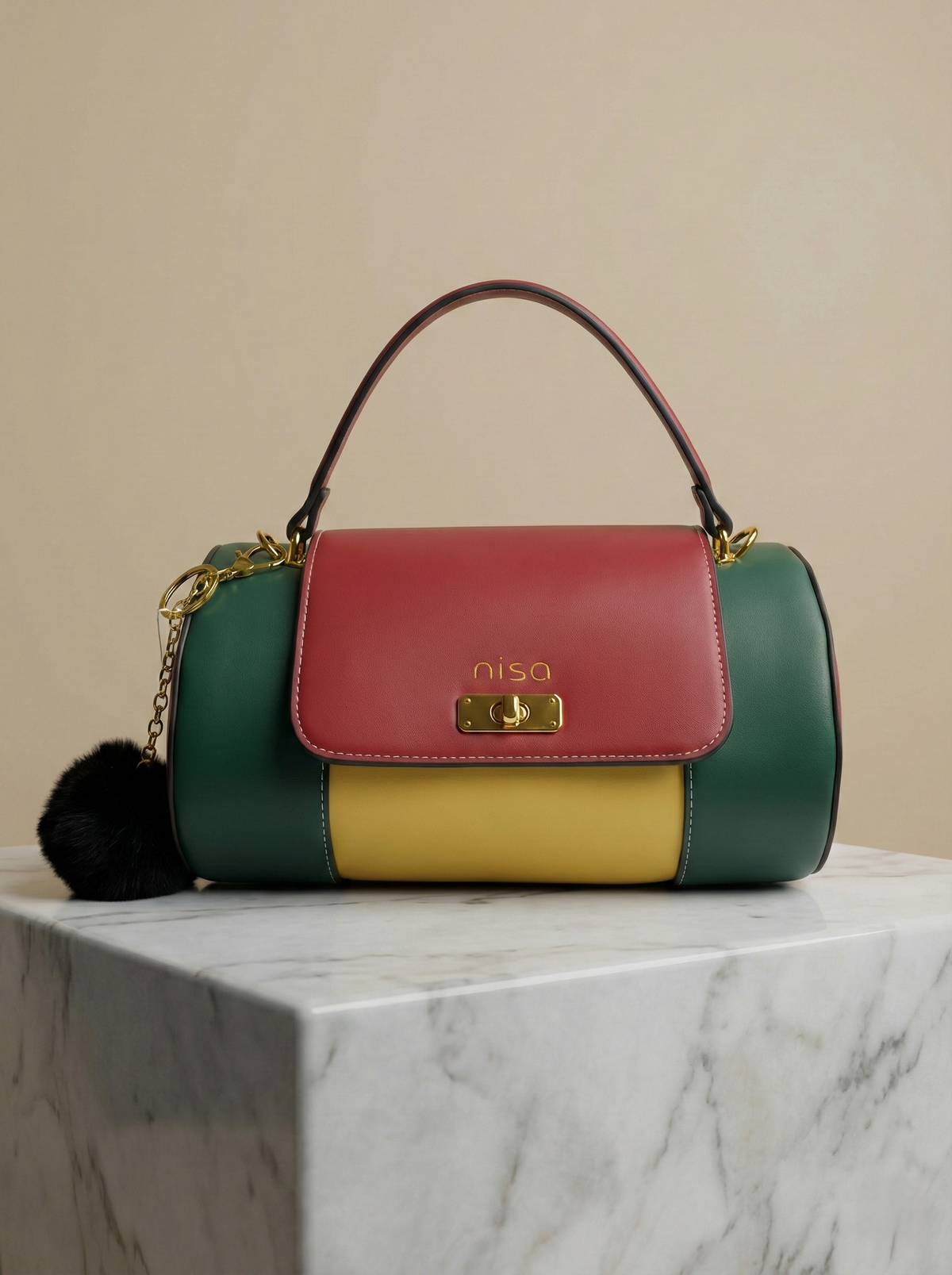 Nisa Color-Block Barrel Bag Set - Bold Red, Green, and Yellow