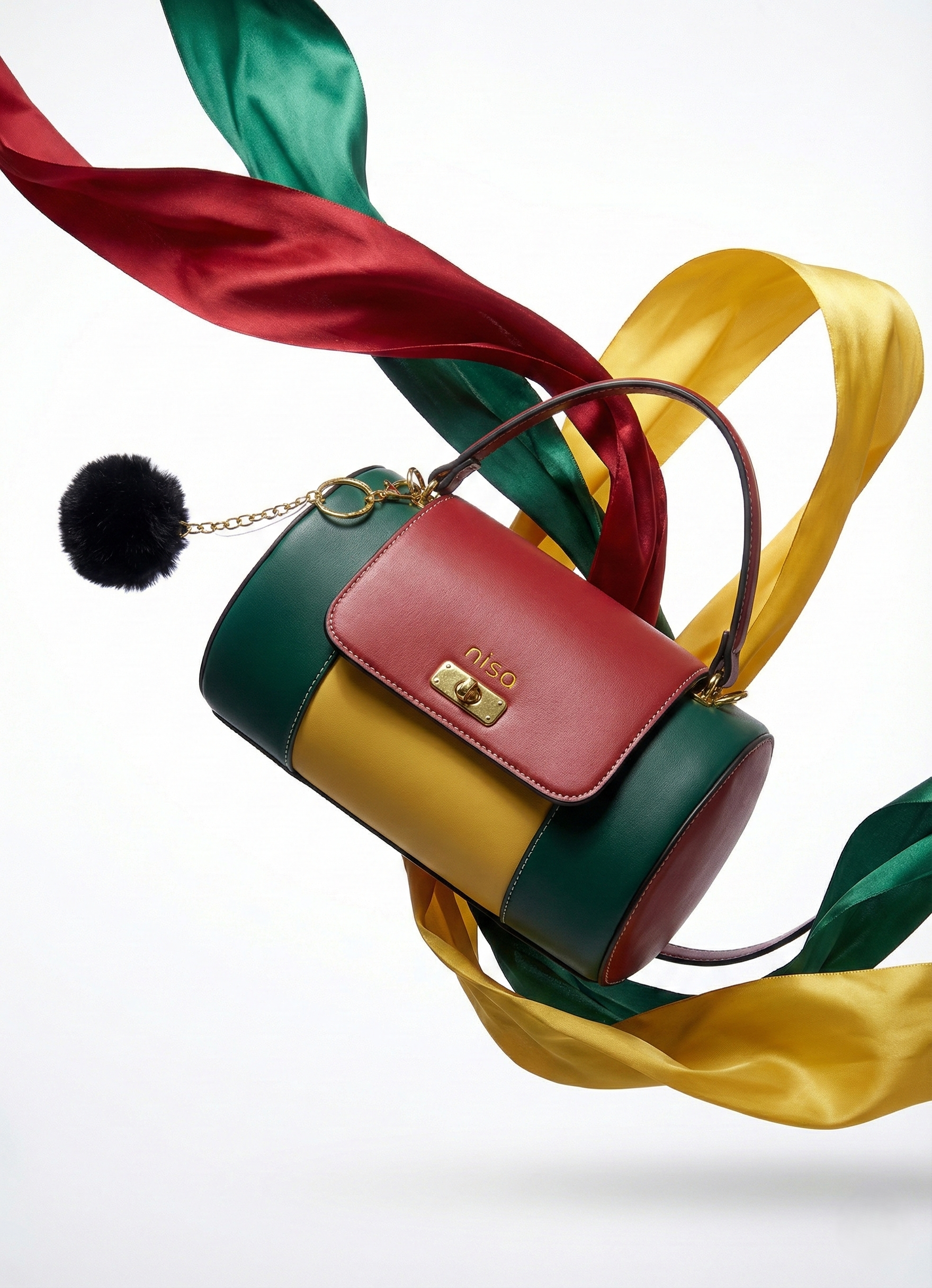 Nisa Color-Block Barrel Bag Set - Bold Red, Green, and Yellow