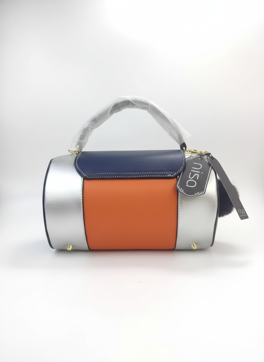 Nisa Tri-Tone Satchel Bag with Matching Wallet - Navy Blue, Silver, and Orange