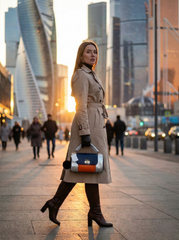 Nisa Tri-Tone Satchel Bag with Matching Wallet - Navy Blue, Silver, and Orange