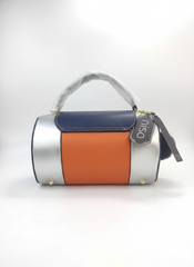 Nisa Tri-Tone Satchel Bag with Matching Wallet - Navy Blue, Silver, and Orange