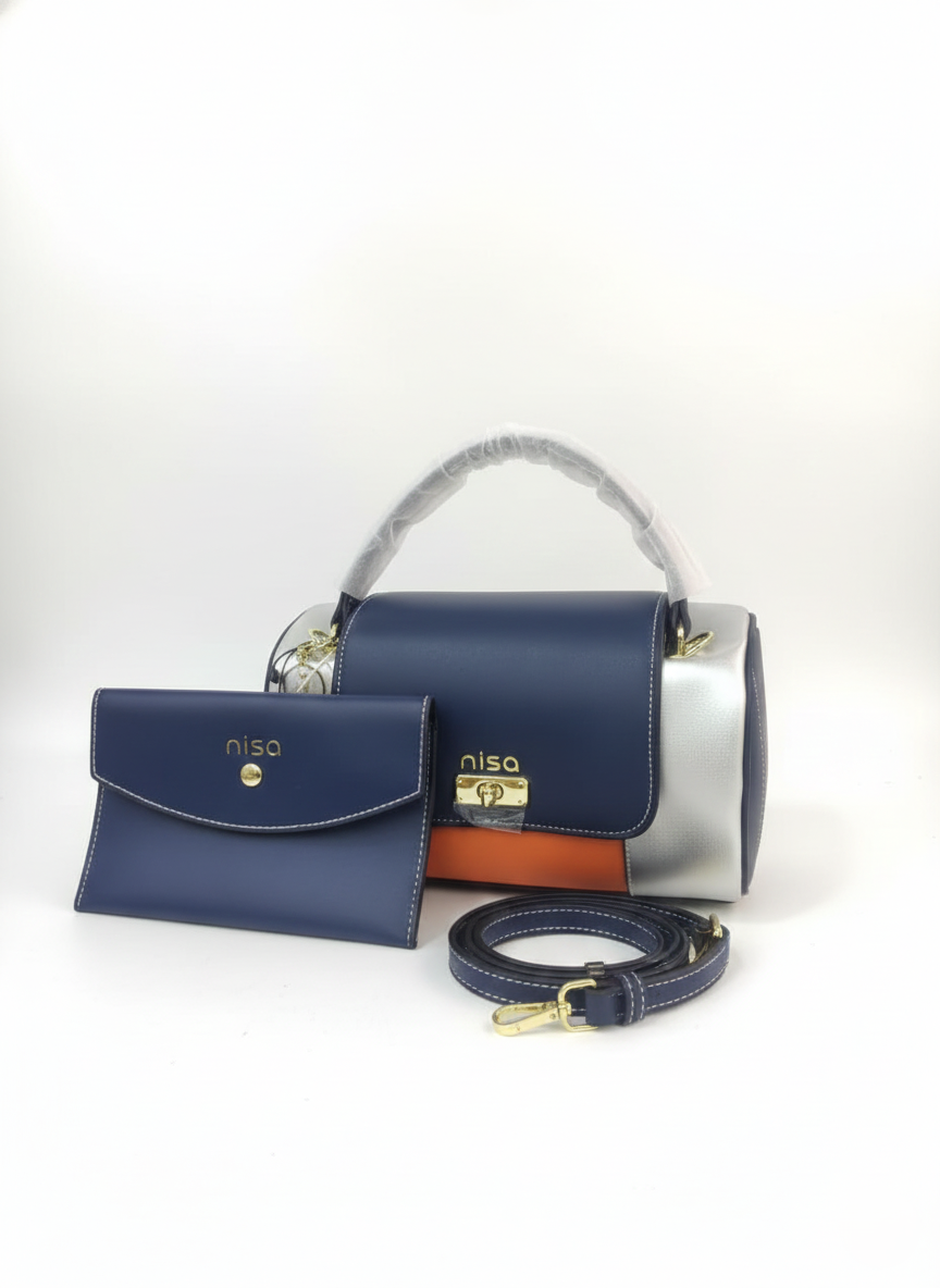 Nisa Tri-Tone Satchel Bag with Matching Wallet - Navy Blue, Silver, and Orange
