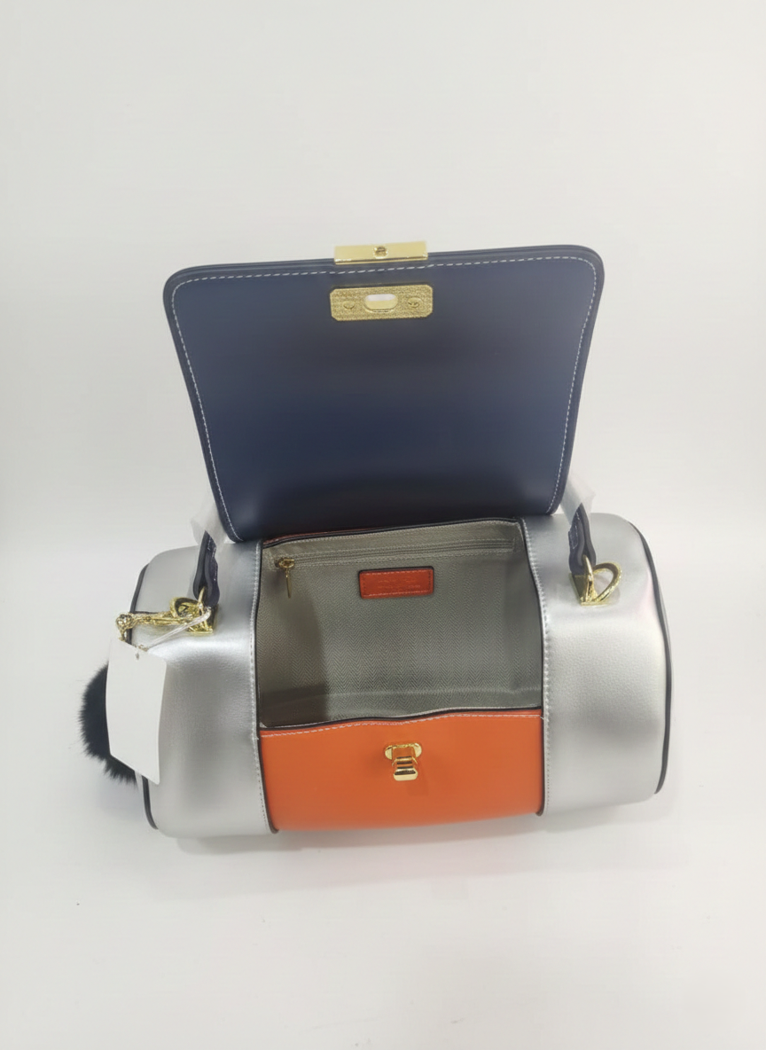 Nisa Tri-Tone Satchel Bag with Matching Wallet - Navy Blue, Silver, and Orange