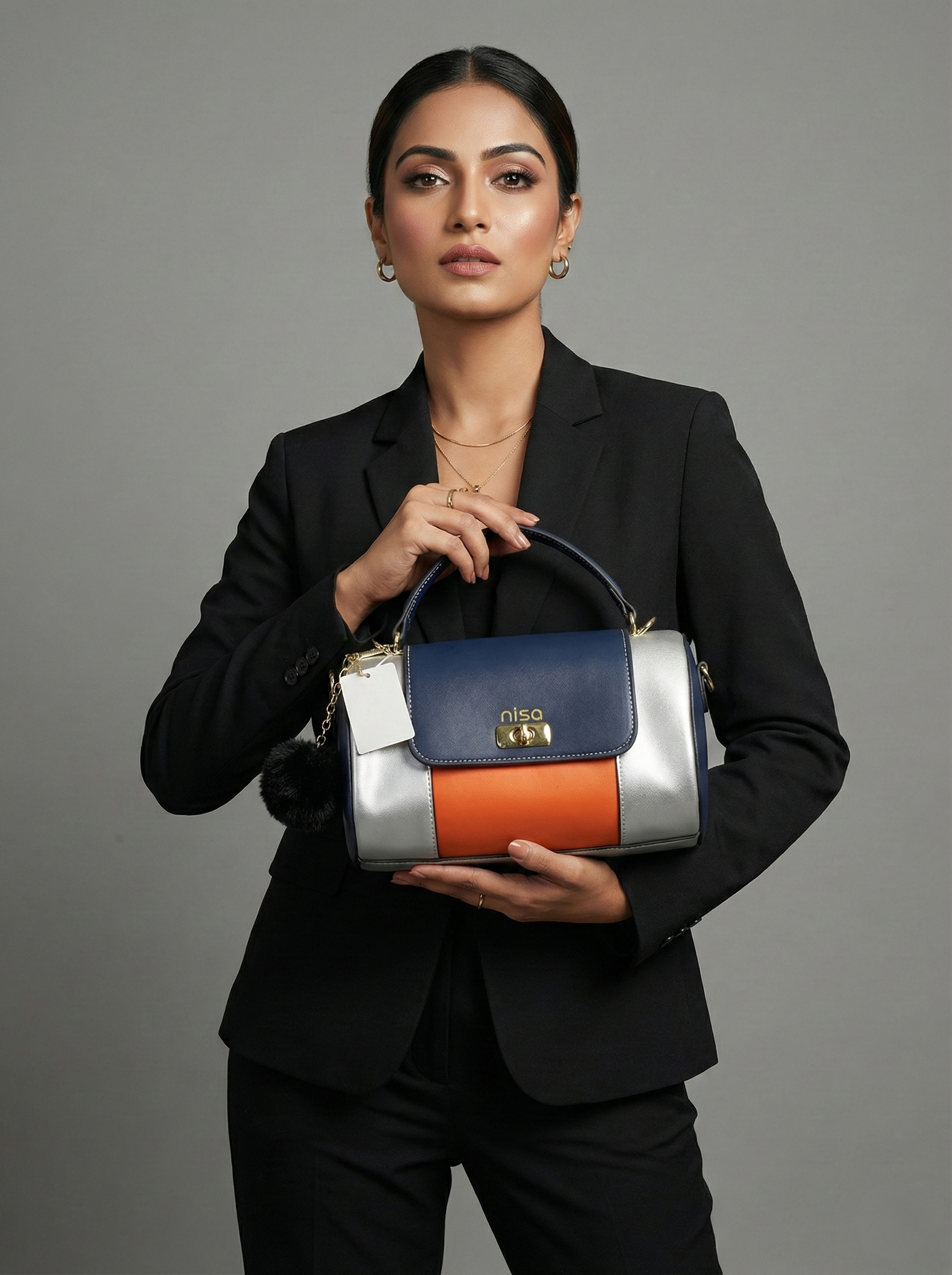 Nisa Tri-Tone Satchel Bag with Matching Wallet - Navy Blue, Silver, and Orange