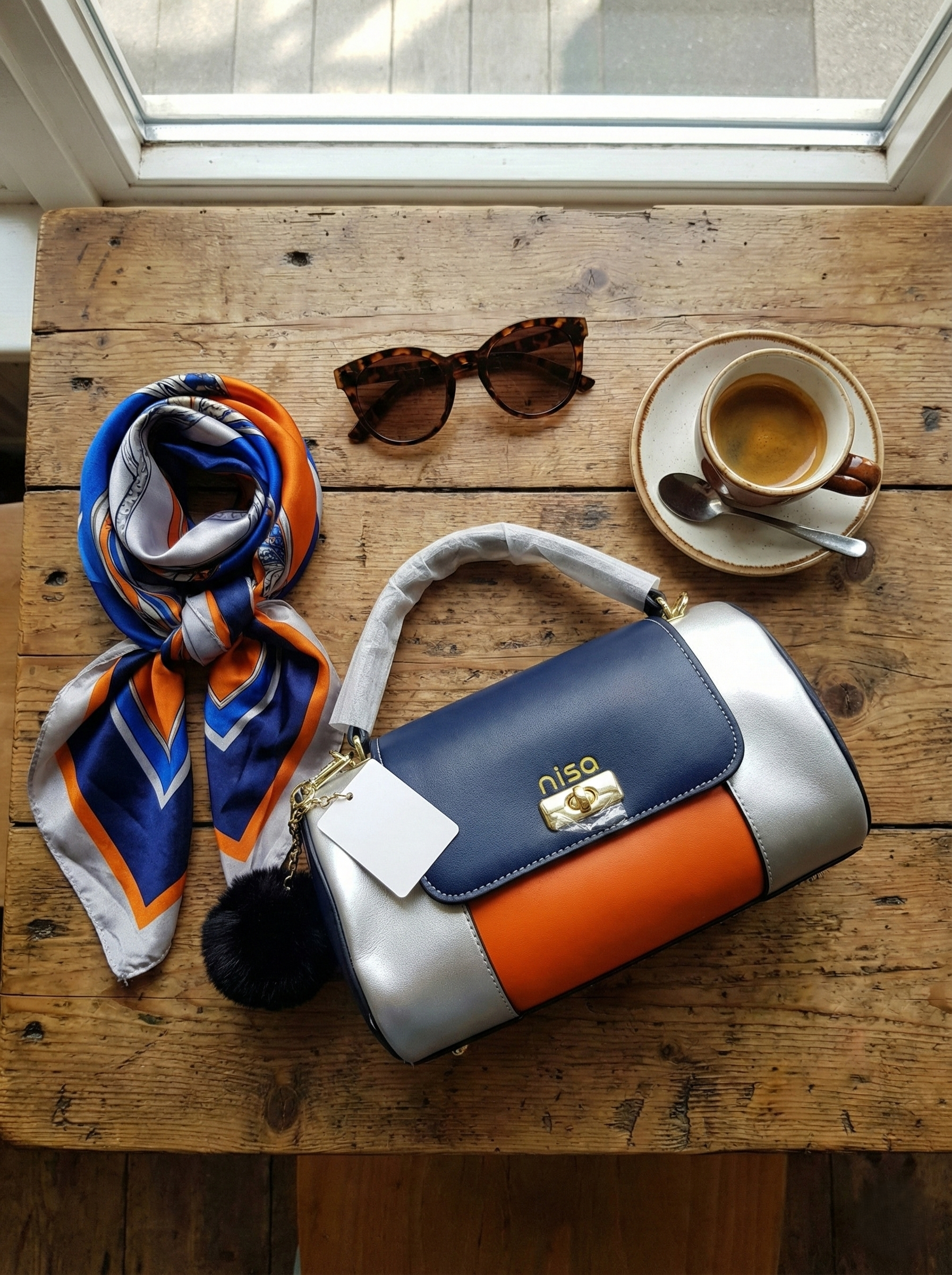 Nisa Tri-Tone Satchel Bag with Matching Wallet - Navy Blue, Silver, and Orange