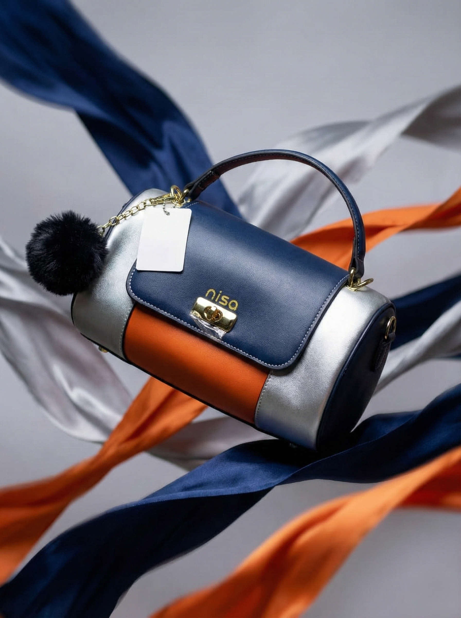 Nisa Tri-Tone Satchel Bag with Matching Wallet - Navy Blue, Silver, and Orange