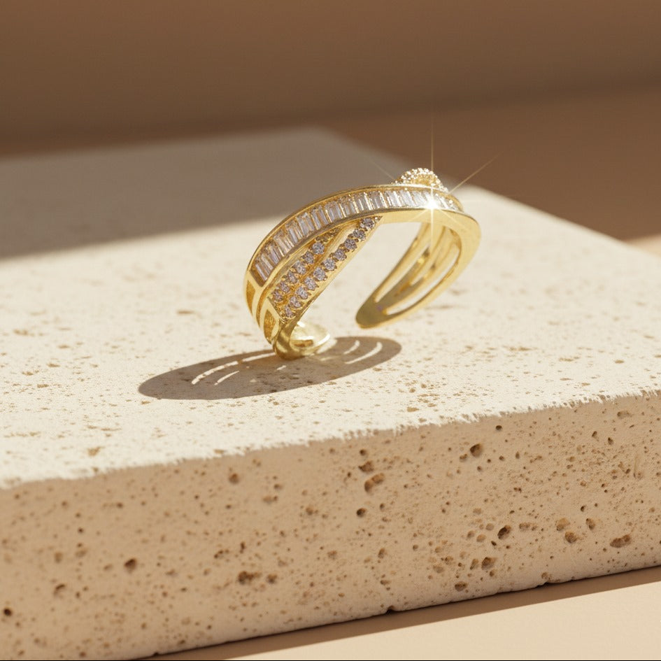 Nisa Premium Golden-Polish X-Cross Design With Diamond And Small Cystal Studded Fingering For Women and Girls