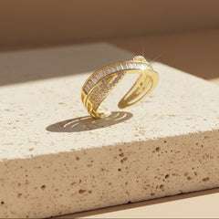 Nisa Premium Golden-Polish X-Cross Design With Diamond And Small Cystal Studded Fingering For Women and Girls