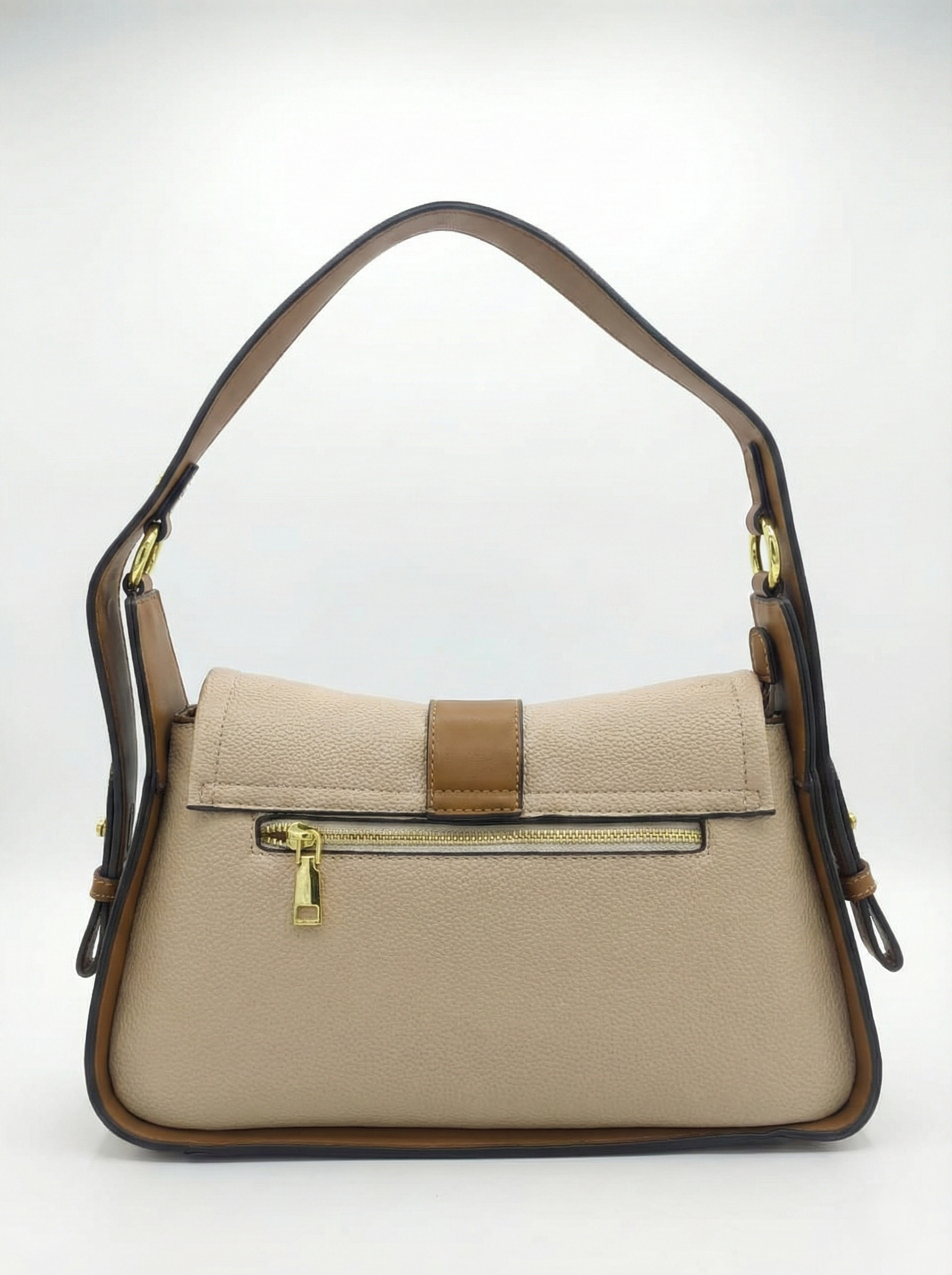 Nisa Signature Beige & Tan Shoulder Bag with Gold Accents