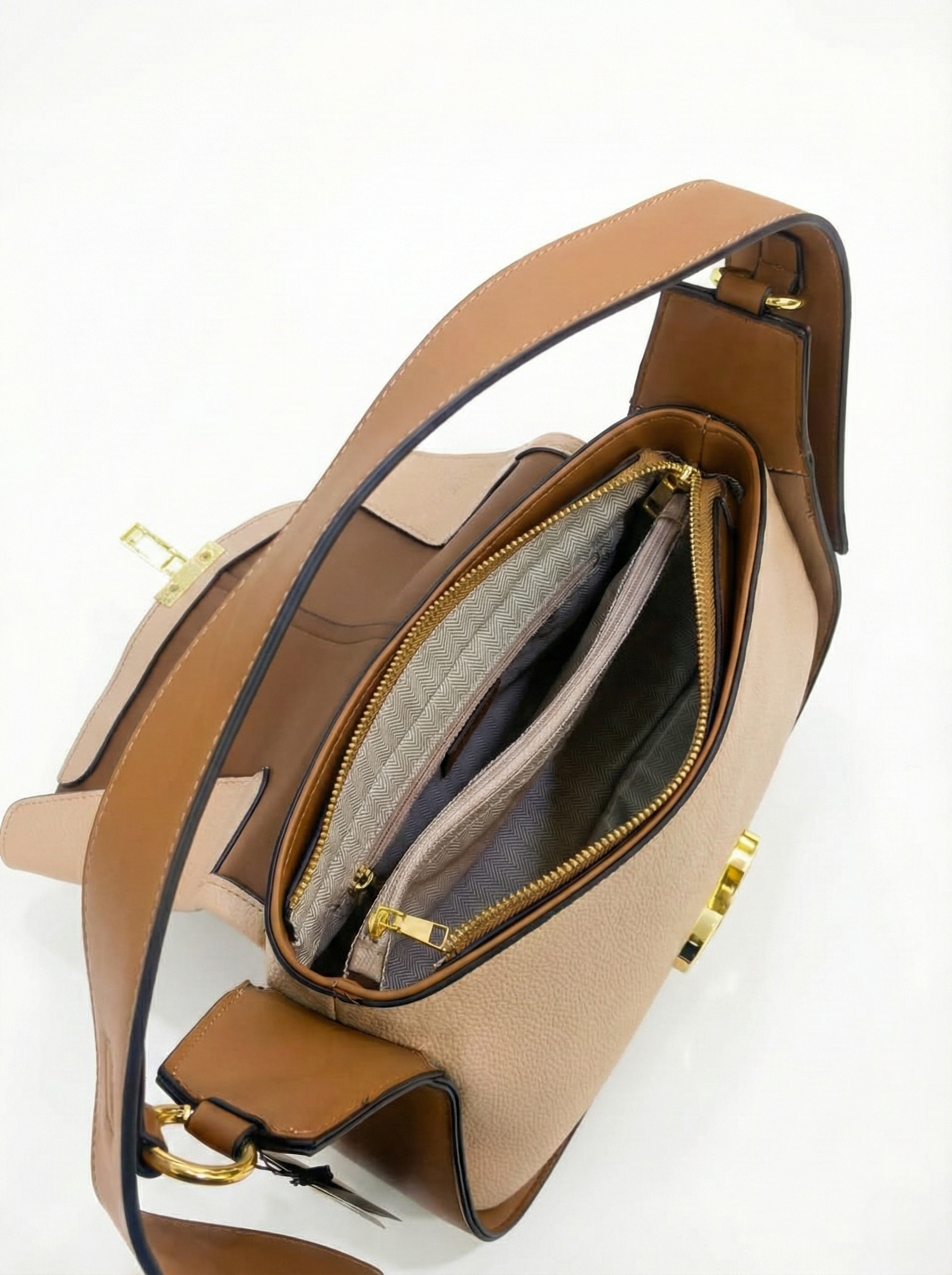 Nisa Signature Beige & Tan Shoulder Bag with Gold Accents