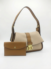 Nisa Signature Beige & Tan Shoulder Bag with Gold Accents