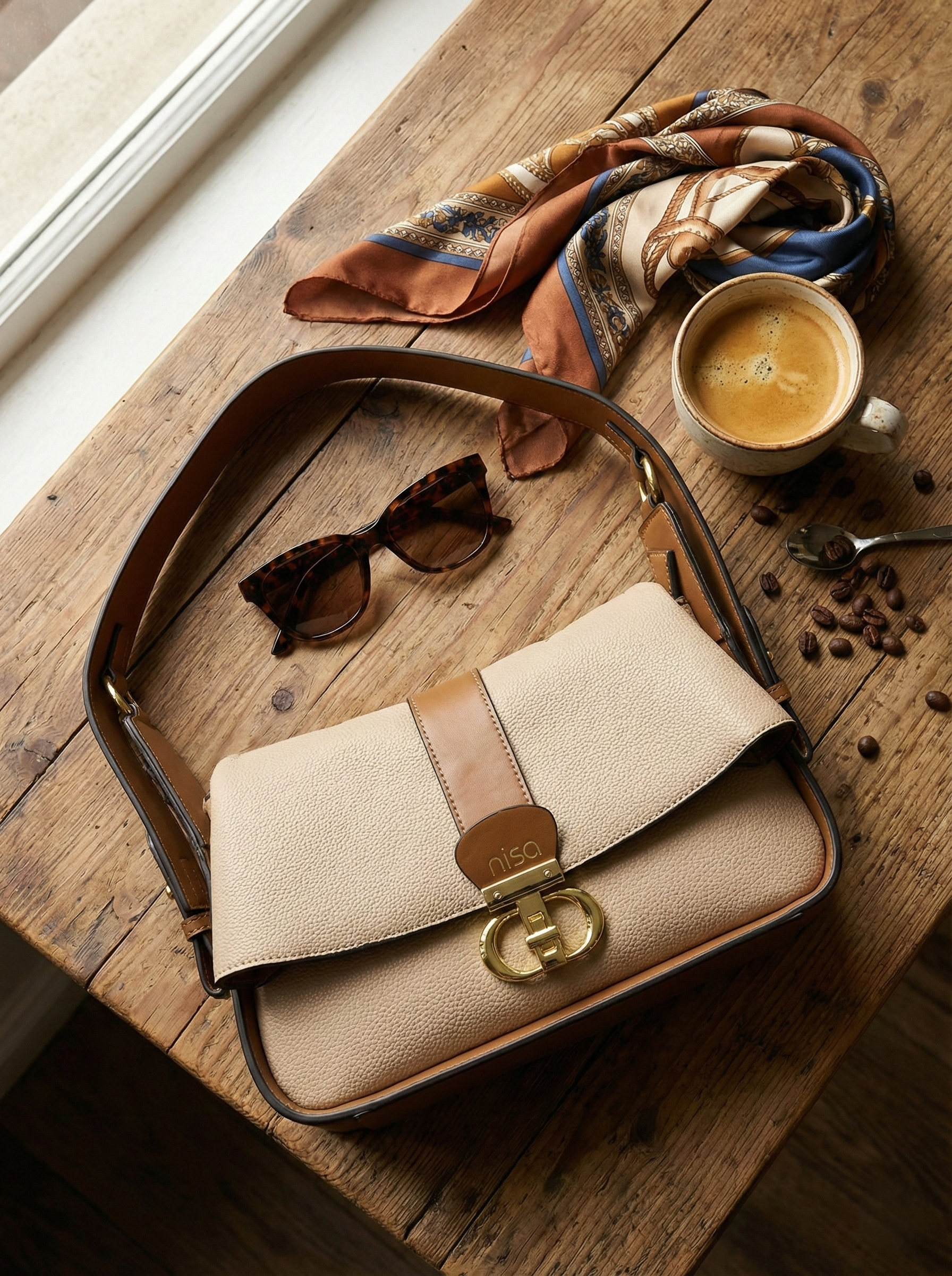 Nisa Signature Beige & Tan Shoulder Bag with Gold Accents