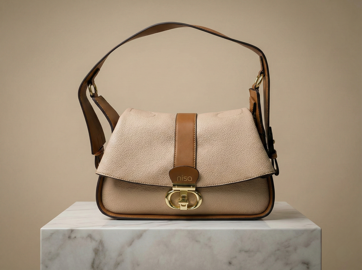 Nisa Signature Beige & Tan Shoulder Bag with Gold Accents