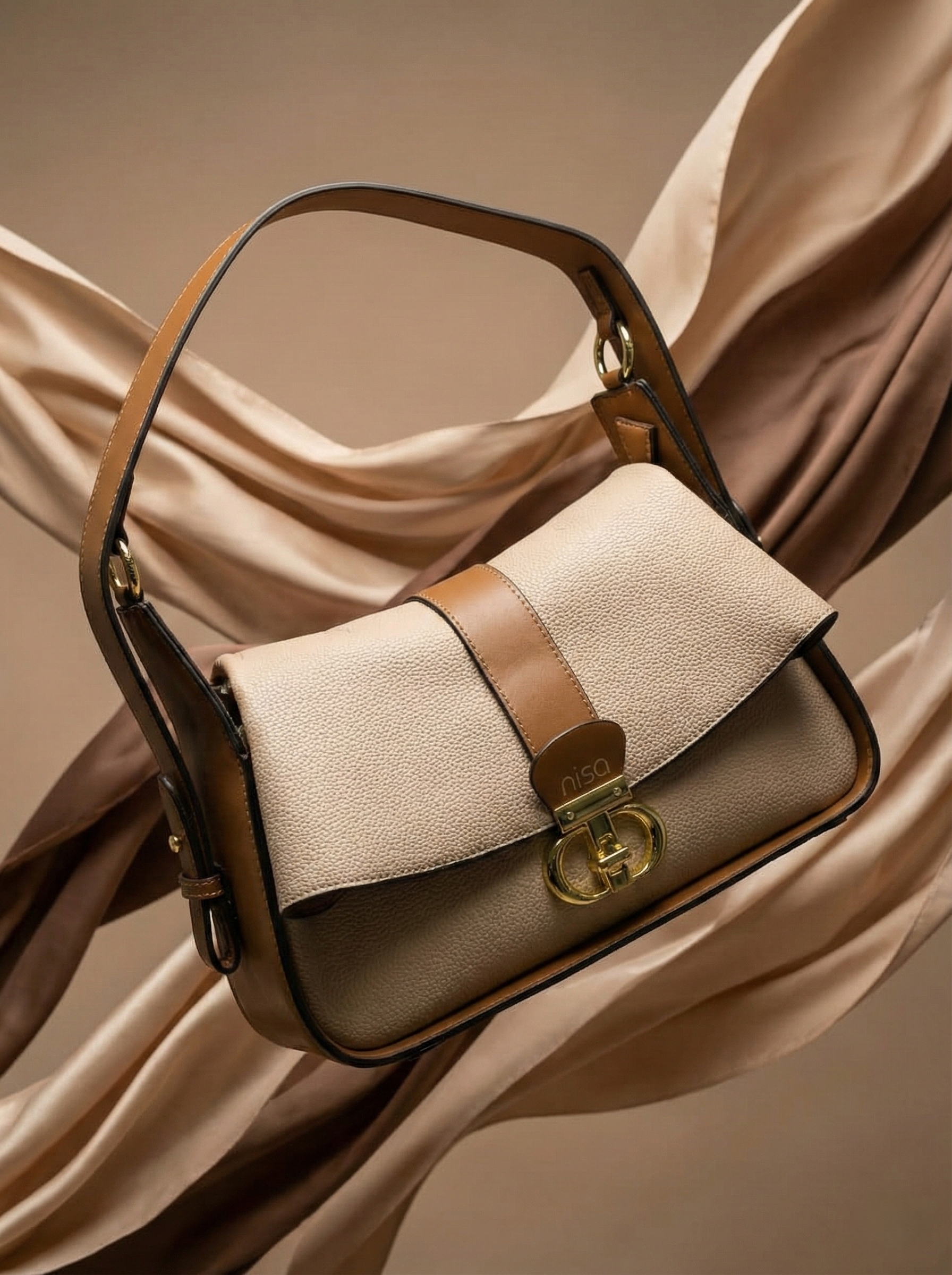 Nisa Signature Beige & Tan Shoulder Bag with Gold Accents