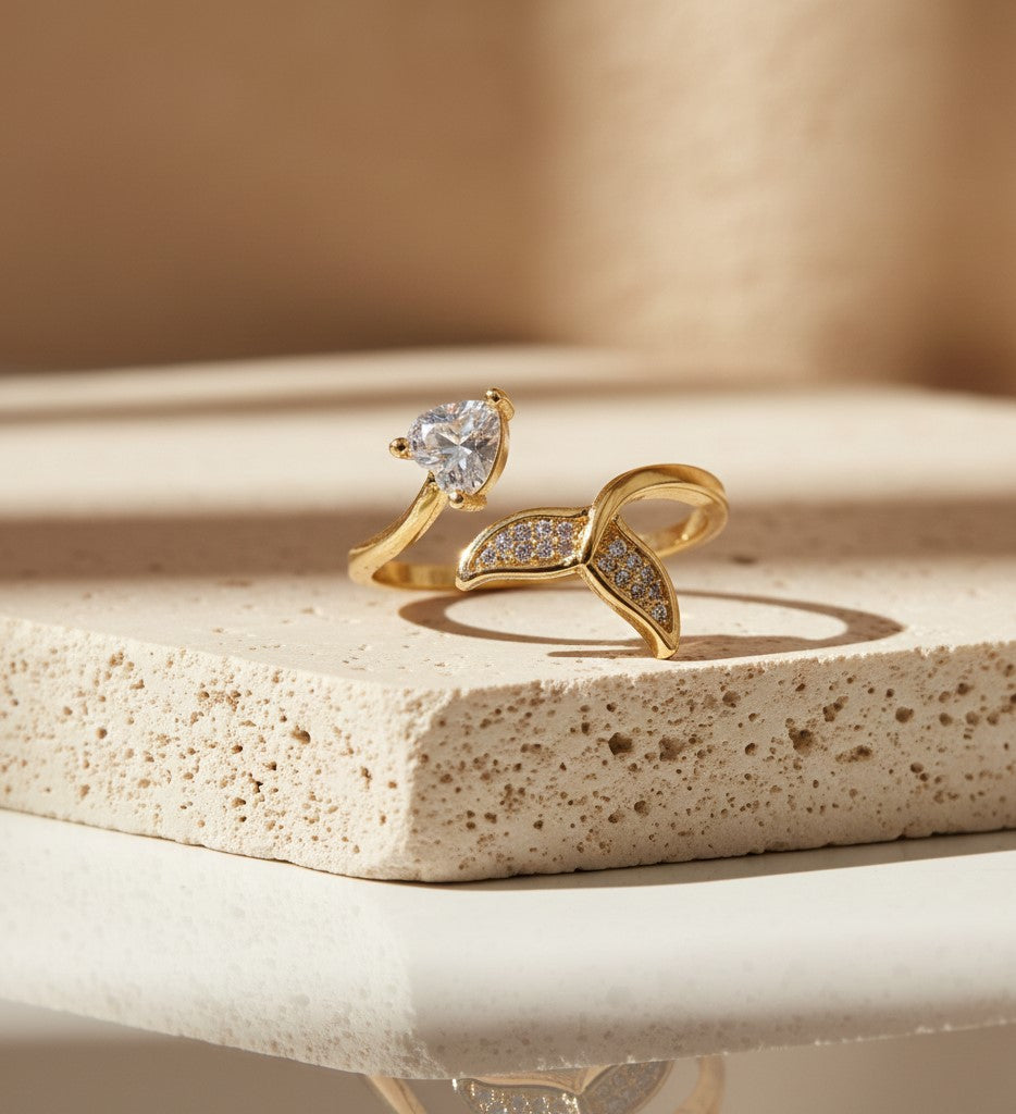 Nisa Premium Golden-Polish Hanging Heart Shape Design With Diamond Of Heart Shape Studded Fingering For Women and Girls