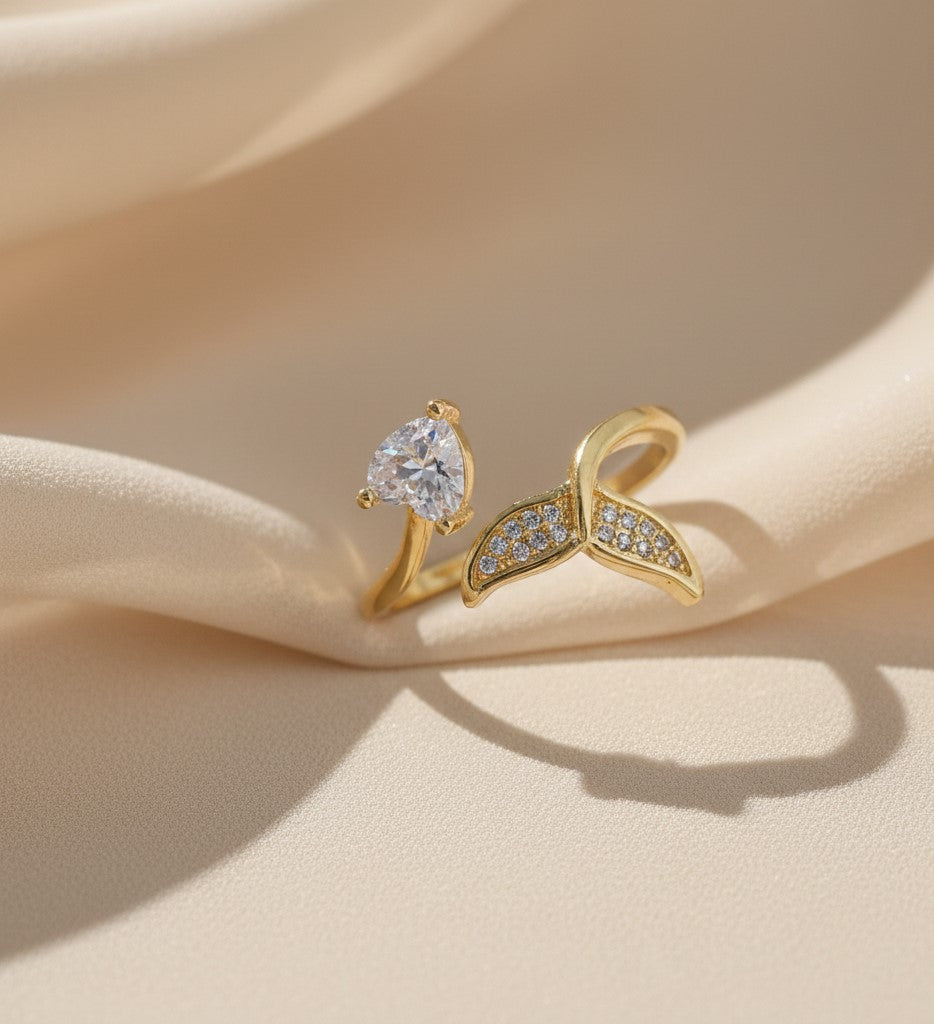 Nisa Premium Golden-Polish Hanging Heart Shape Design With Diamond Of Heart Shape Studded Fingering For Women and Girls