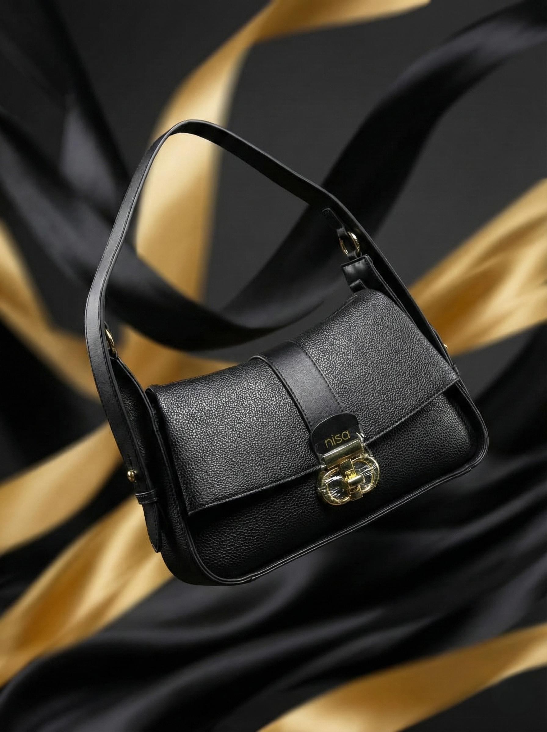 Nisa Signature Charcoal Black Shoulder Bag with Gold Accents