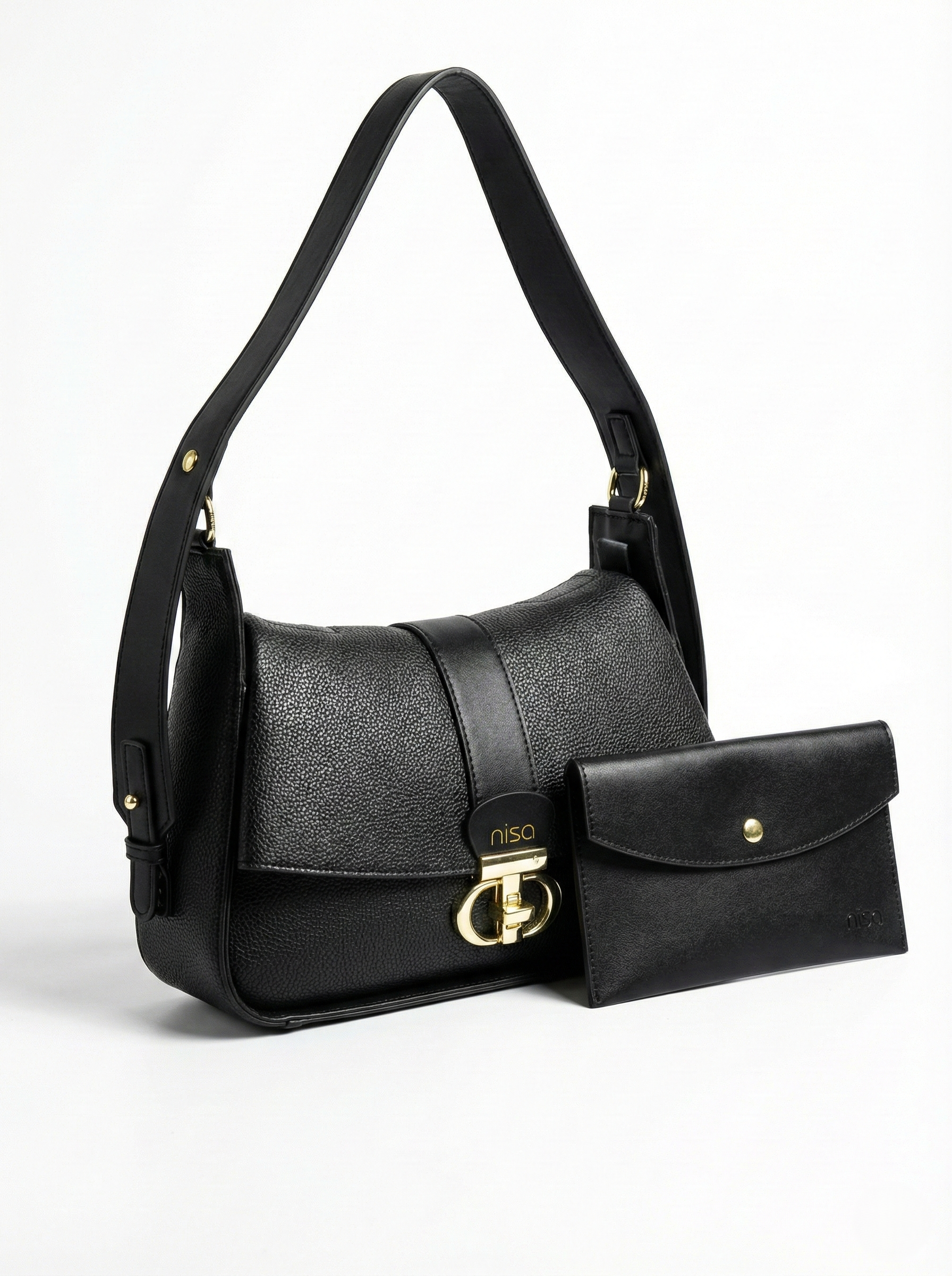 Nisa Signature Charcoal Black Shoulder Bag with Gold Accents