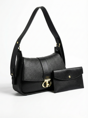Nisa Signature Charcoal Black Shoulder Bag with Gold Accents