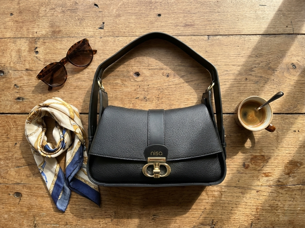 Nisa Signature Charcoal Black Shoulder Bag with Gold Accents