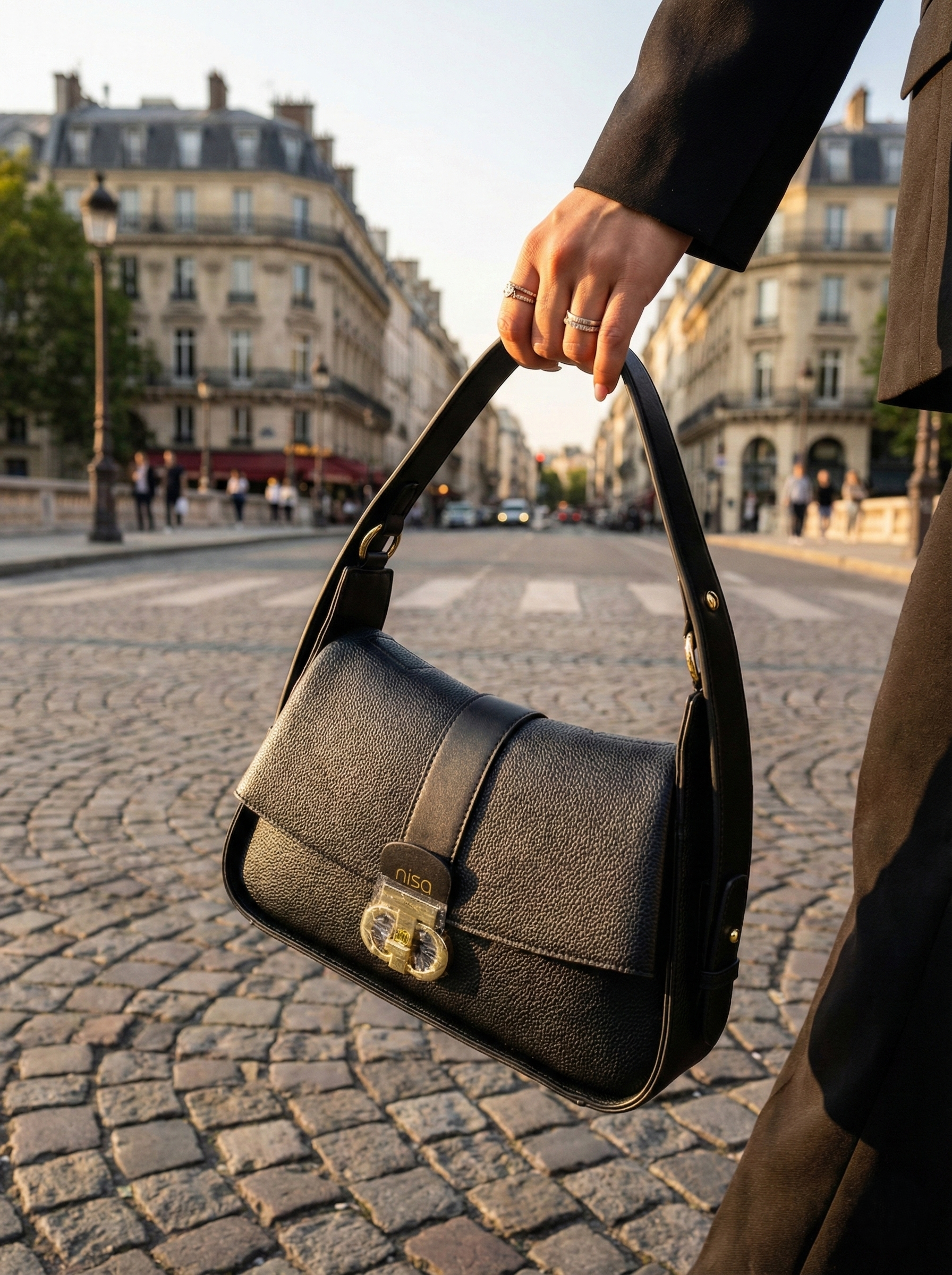 Nisa Signature Charcoal Black Shoulder Bag with Gold Accents