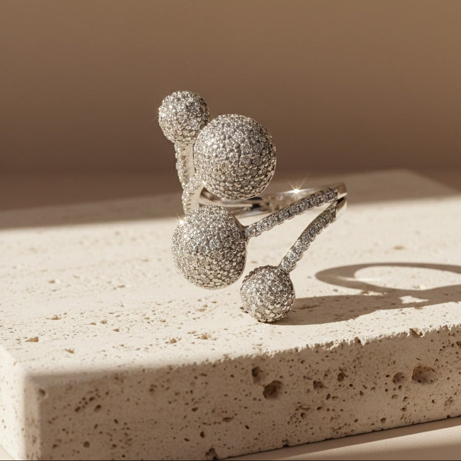 Nisa Premium Silver-Polish Branch Shape Design With Diamond Studded Fingering For Women and Girls