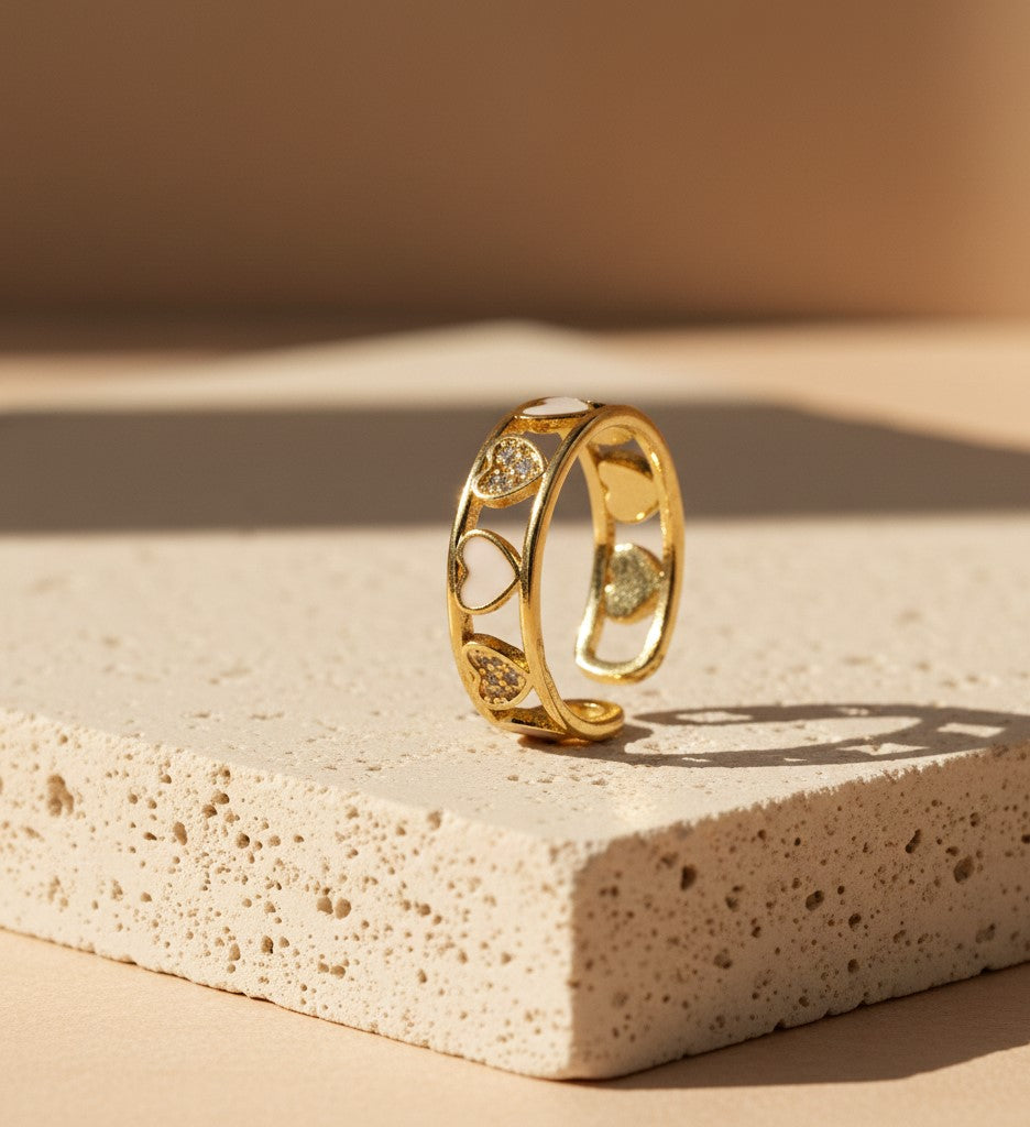 Nisa Premium Golden-Polish Heart Shape Design With Diamonds And Heart Shape White Pearl Studded Fingering For Women and Girls