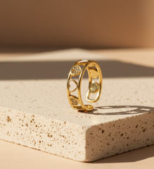 Nisa Premium Golden-Polish Heart Shape Design With Diamonds And Heart Shape White Pearl Studded Fingering For Women and Girls