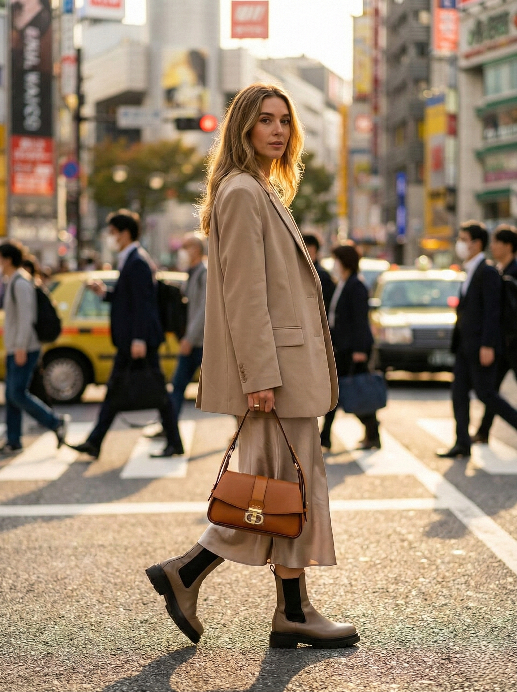 Nisa Signature Classic Tan Shoulder Bag with Gold Accents