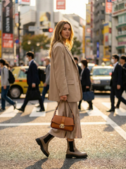 Nisa Signature Classic Tan Shoulder Bag with Gold Accents