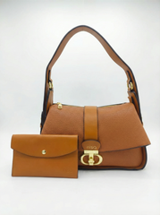 Nisa Signature Classic Tan Shoulder Bag with Gold Accents
