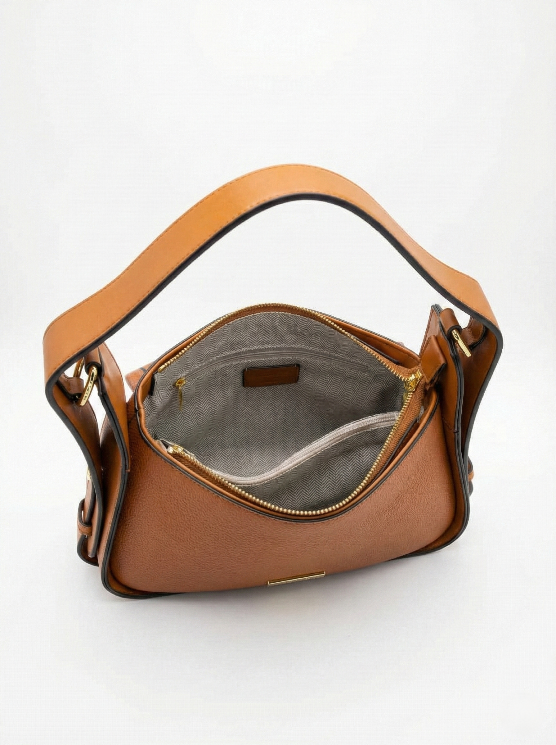 Nisa Signature Classic Tan Shoulder Bag with Gold Accents