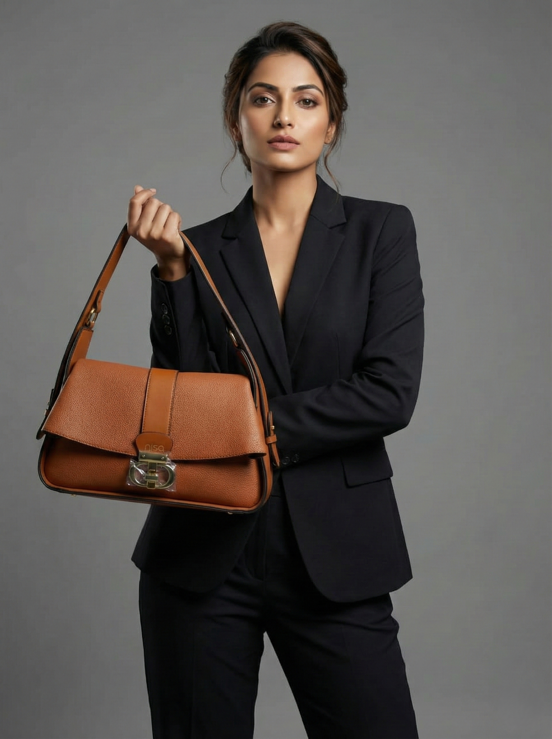 Nisa Signature Classic Tan Shoulder Bag with Gold Accents