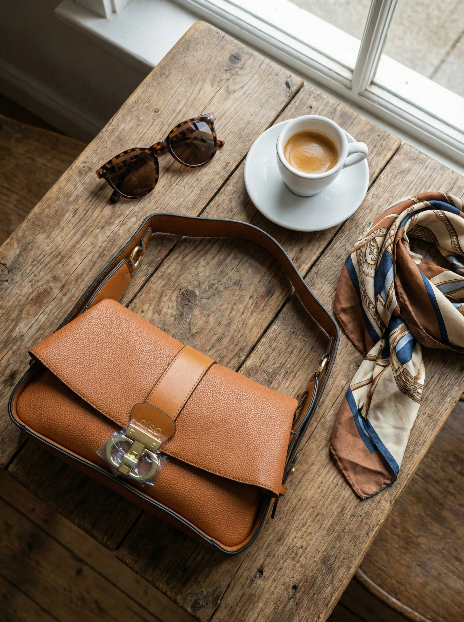 Nisa Signature Classic Tan Shoulder Bag with Gold Accents