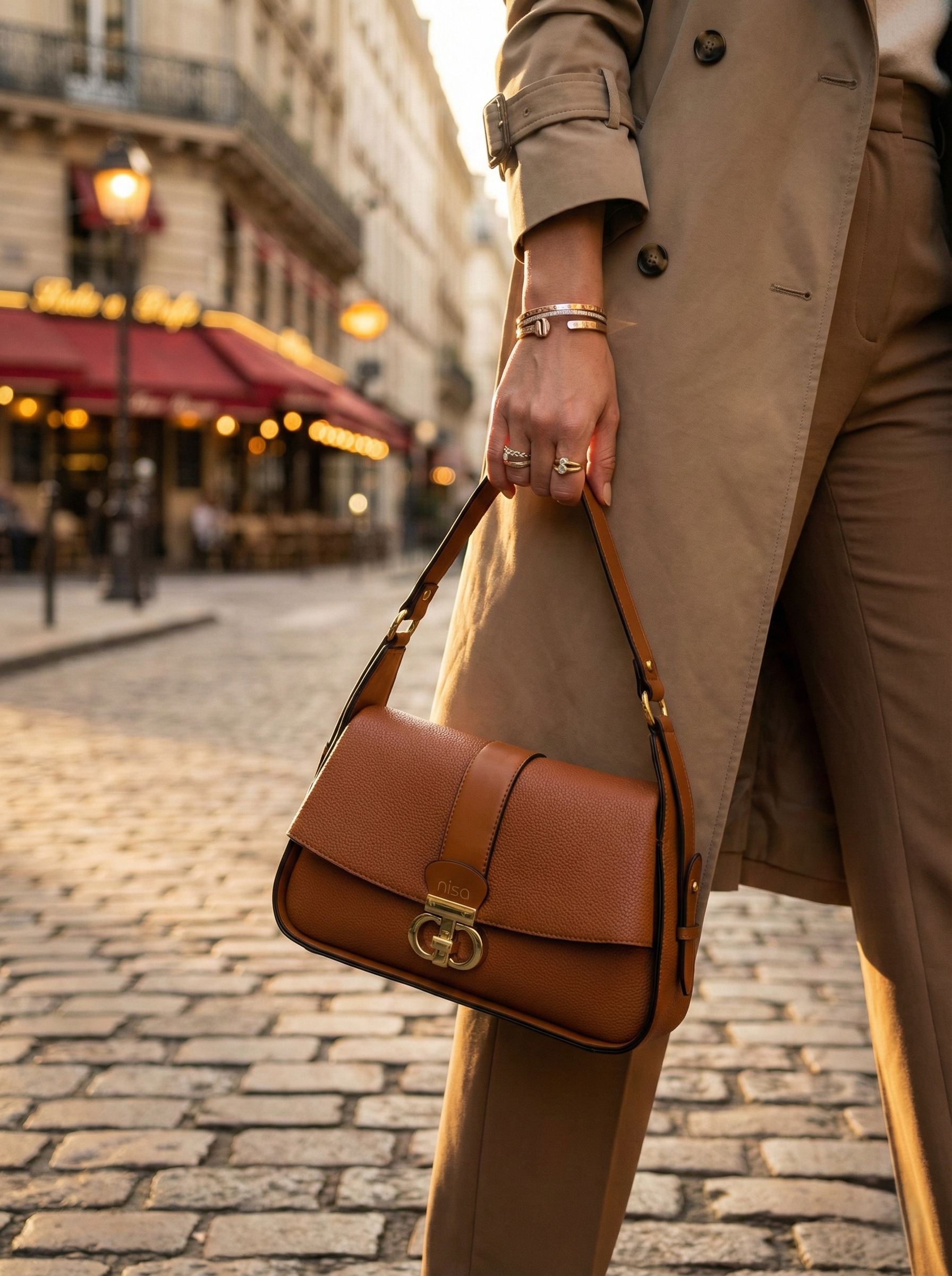 Nisa Signature Classic Tan Shoulder Bag with Gold Accents