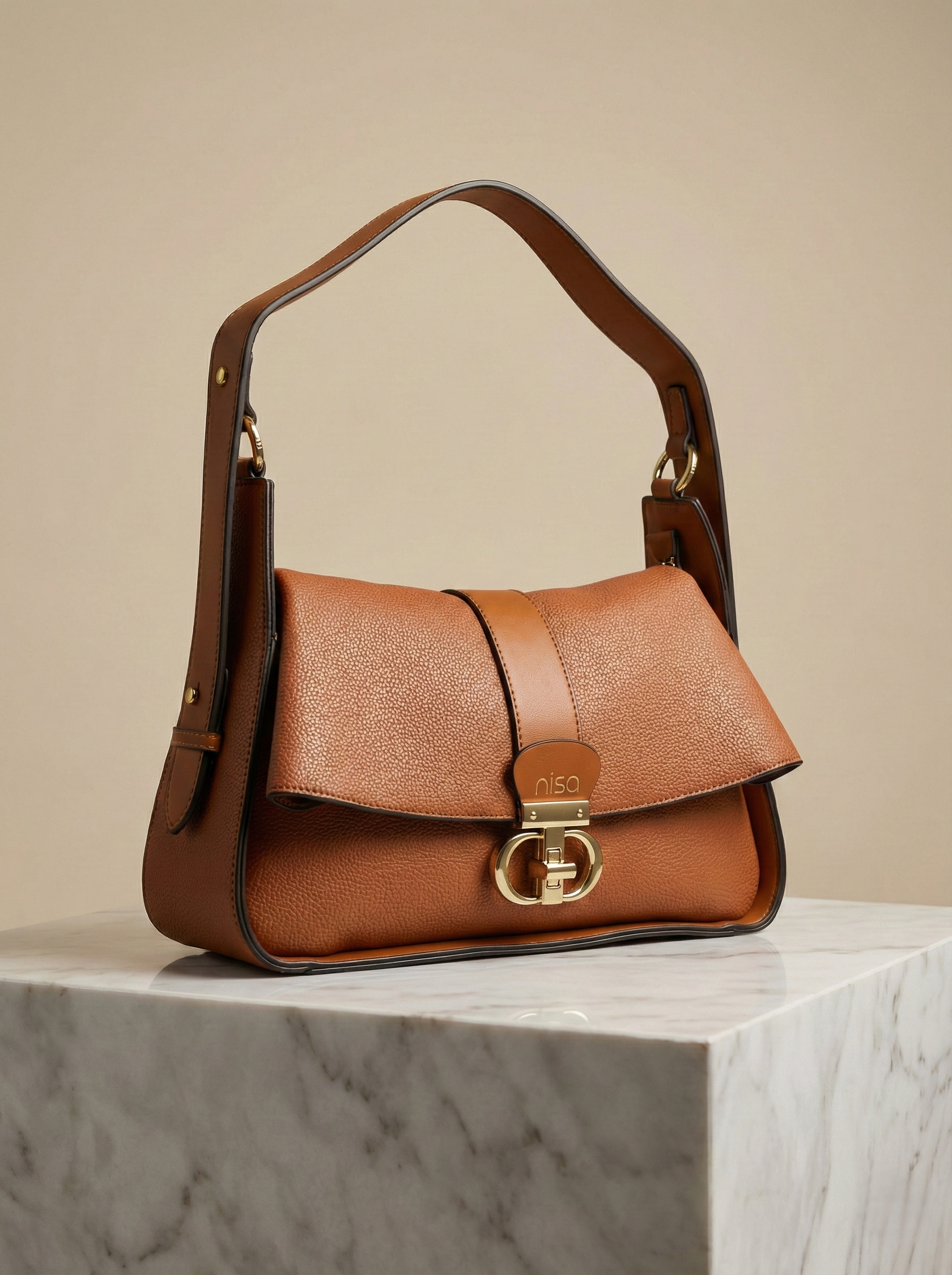Nisa Signature Classic Tan Shoulder Bag with Gold Accents
