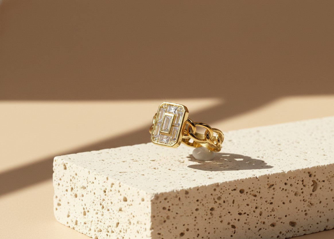 Nisa Premium Golden-Polish Chain Design With Diamonds Studded Fingering For Women and Girls